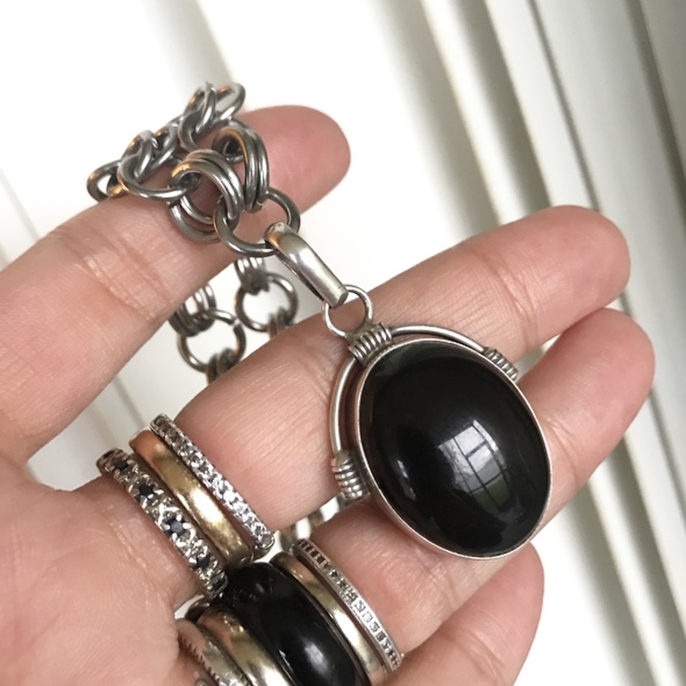 Sterling silver onyx pendant + choker steel chain - Picture 4 of 8